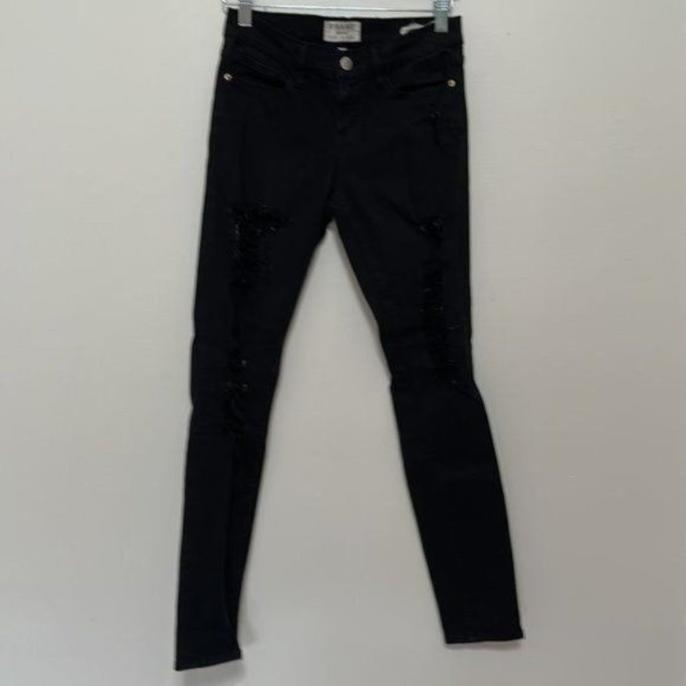 Frame Le Color Mid-Rise Skinny Distressed Jeans In Film Noir Size 26